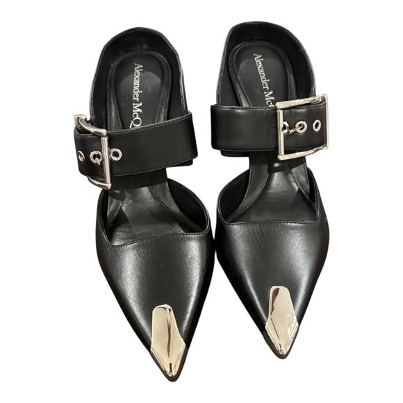 Alexander McQueen Leather Buckle Mule Stiletto Heel Metal Toe MISMATCHED 7.5/7 - Picture 8 of 8